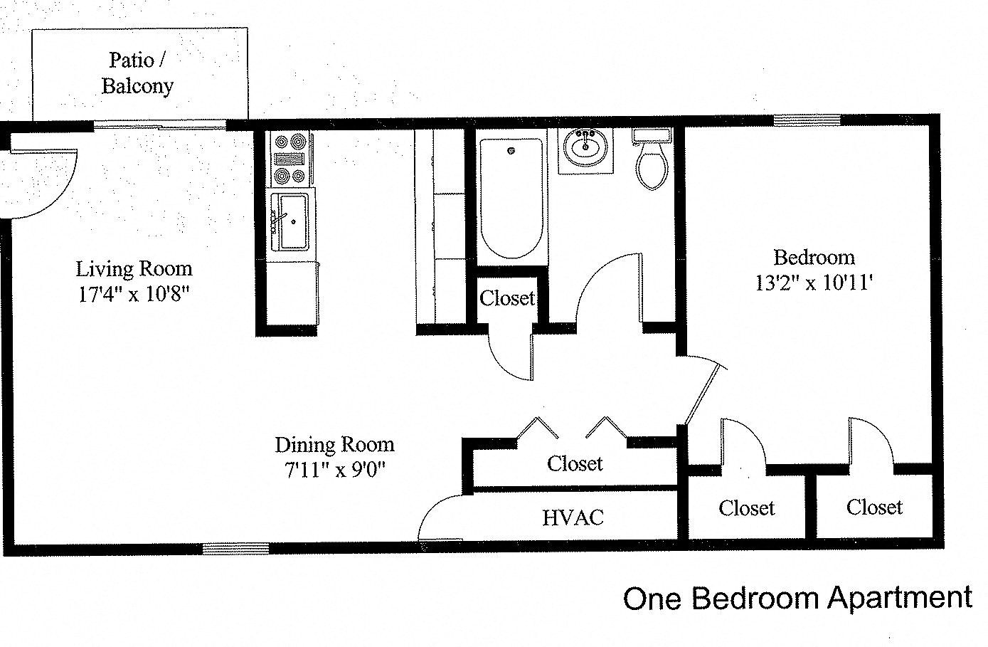 Floor plan for 1 bed, 1 bath, 700 sqft
